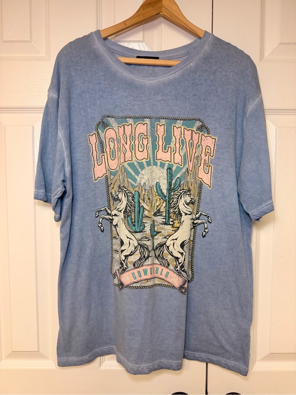 Zutter Long Live Cowgirls Mineral Wash Graphic Tee Oversized Western L‎ Blue